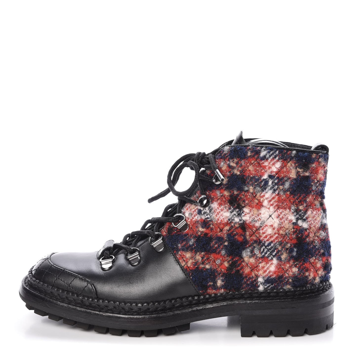 Calfskin Tweed Quilted Lace Up Short Boots 37 Black Multicolor