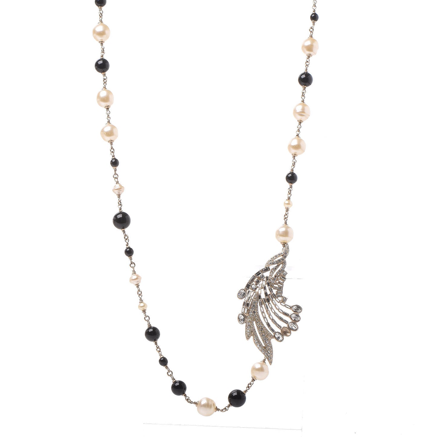 Pearl Crystal Baguette Beaded Wing Long Necklace Black Gold