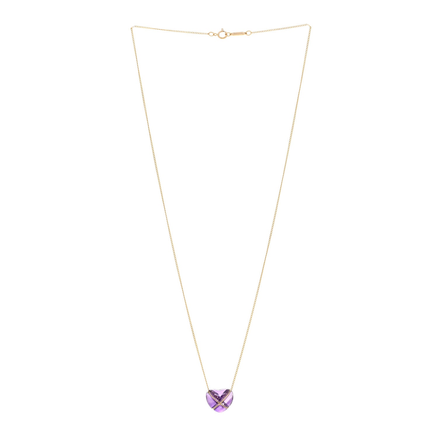 Tiffany 18K Yellow Gold Amethyst Crossover Heart Pendant Necklace 3 of 4