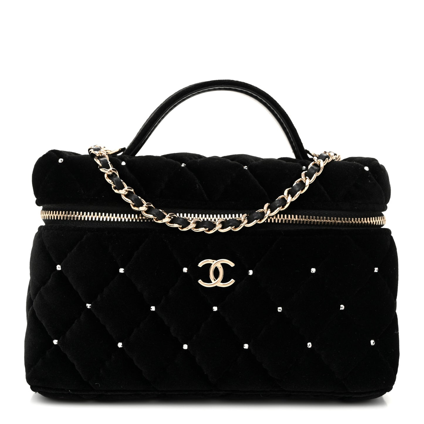 Velvet Diamanté Quilted Top Handle Slim Vanity Case With Chain Black
