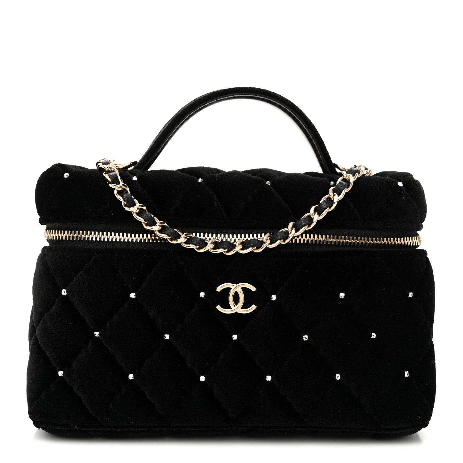 Chanel Velvet Diamanté Quilted Top Handle Slim Vanity Case With Chain Black 1 of 10