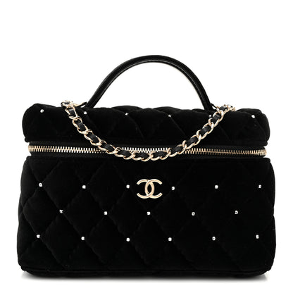 Chanel Velvet Diamanté Quilted Top Handle Slim Vanity Case With Chain Black 1 of 10