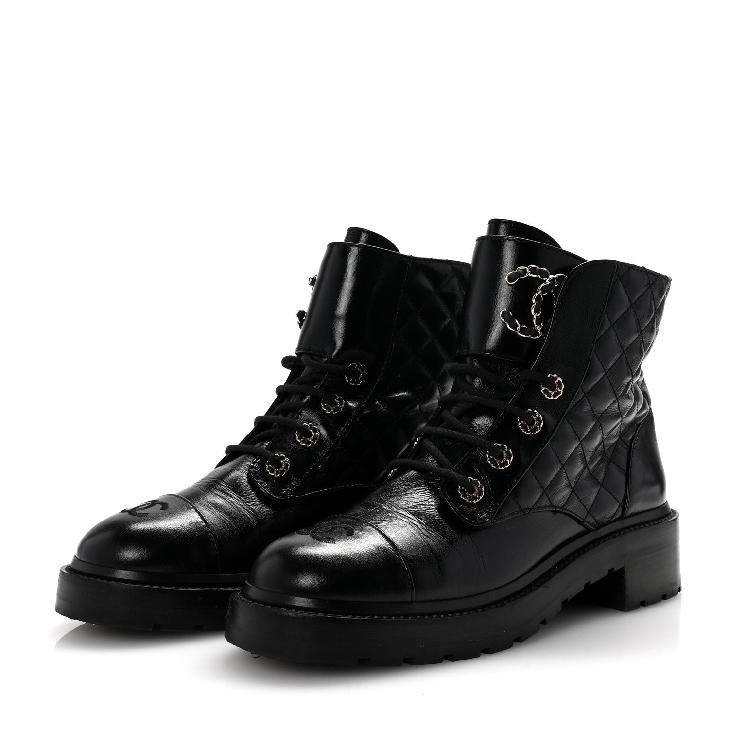 Chanel Shiny Calfskin Quilted Lace Up Combat Boots 40 Black 4 of 11