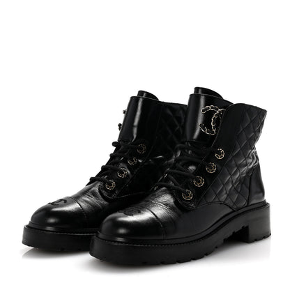 Chanel Shiny Calfskin Quilted Lace Up Combat Boots 40 Black 4 of 11