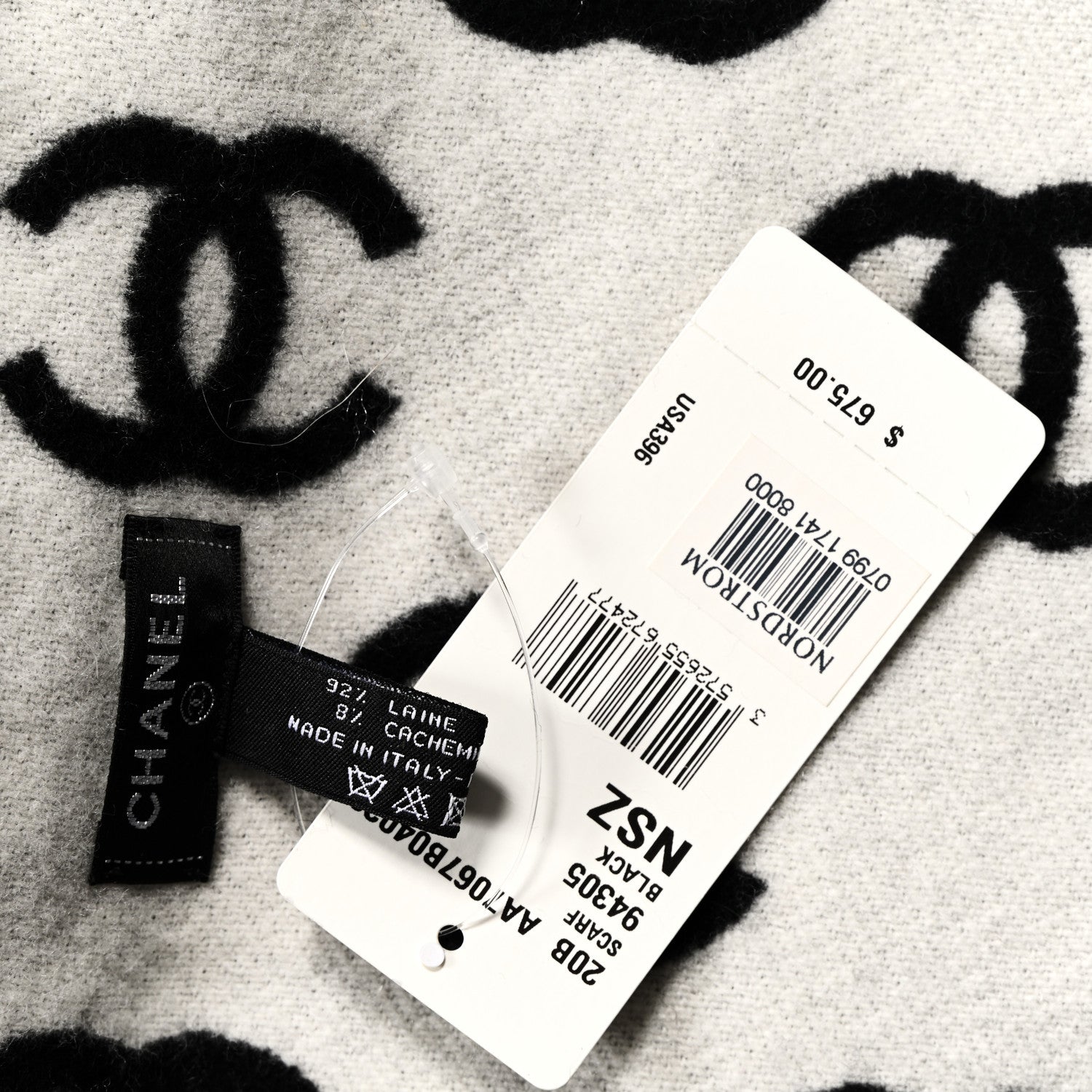 Chanel Wool Cashmere CC Scarf Black White 3 of 3