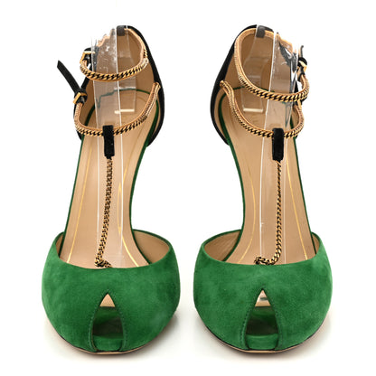 Gucci Kid Scamosciato Ankle Chain Pump 41 Garden 41 Green Black 3 of 14