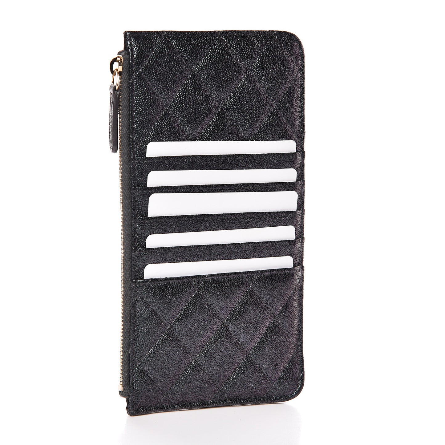 Iridescent Caviar Quilted Classic Flat Wallet Pouch Black