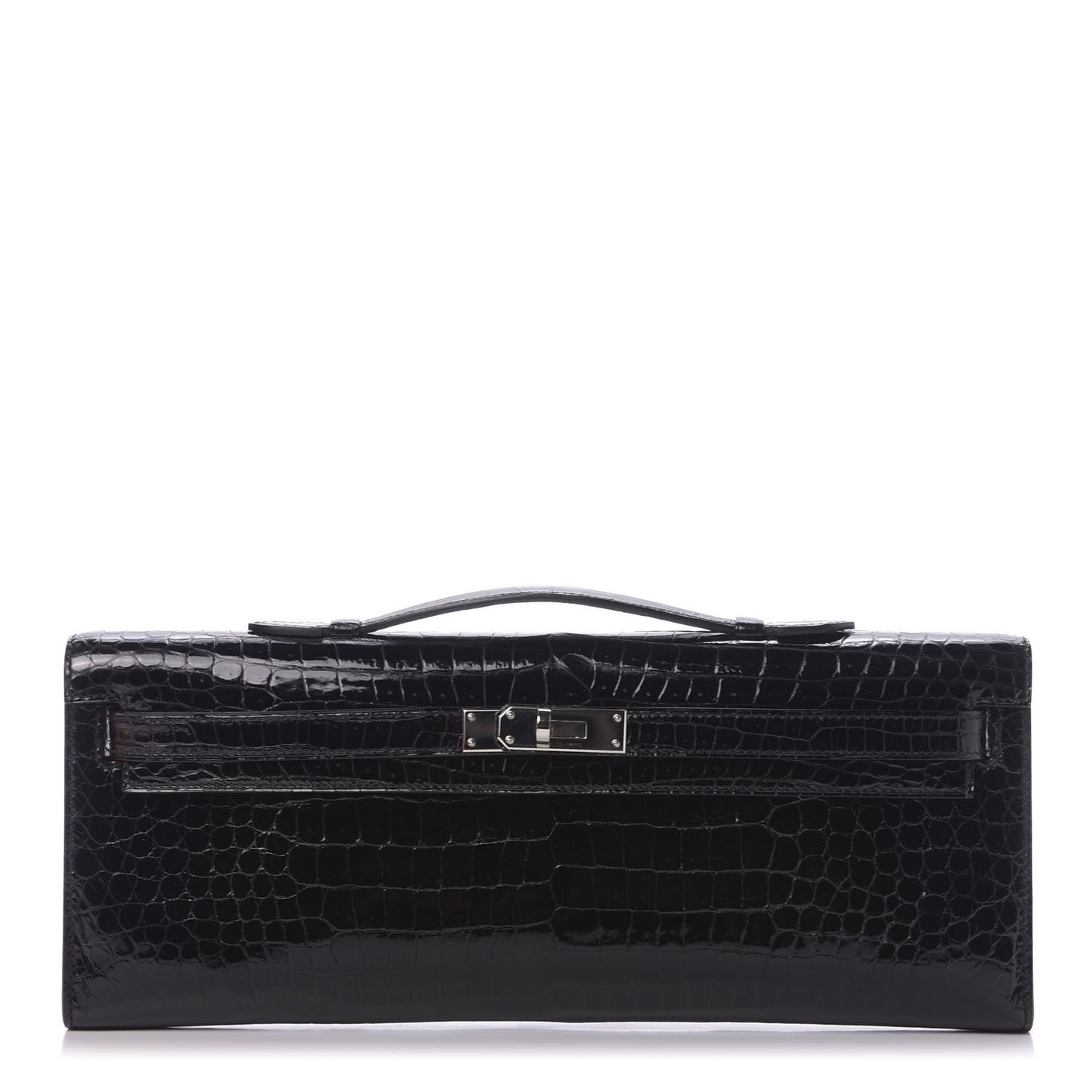Shiny Porosus Crocodile Kelly Cut Pochette Black