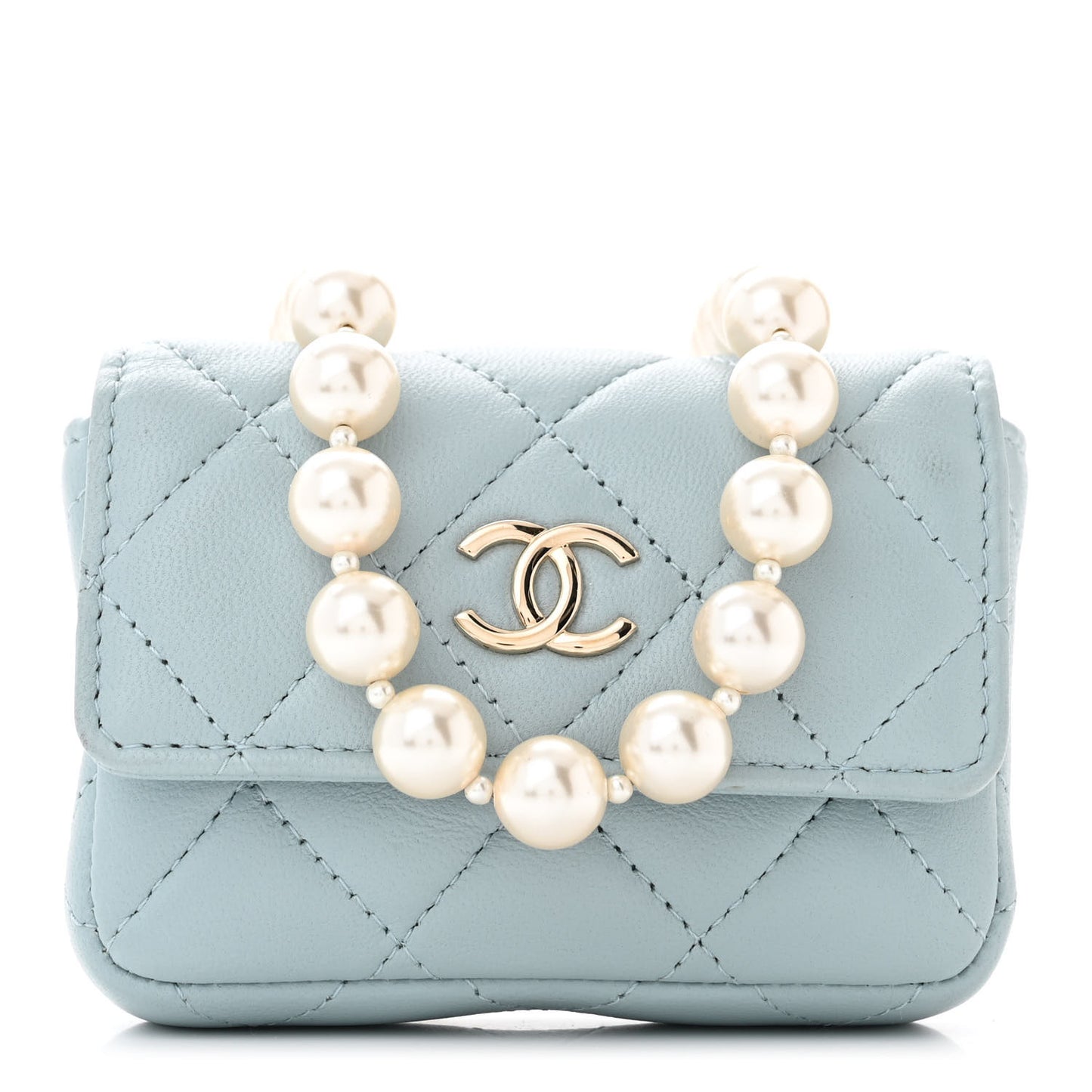 Lambskin Quilted Pearl Chain Belt Bag Light Blue