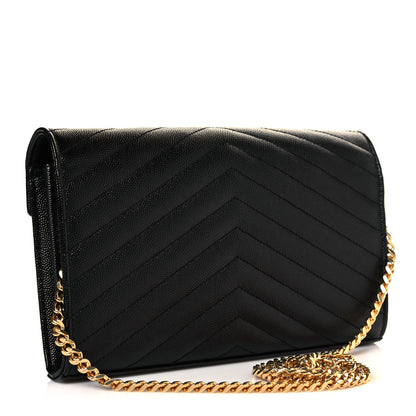 Saint Laurent Grain De Poudre Matelasse Chevron Monogram Chain Wallet Black 3 of 12