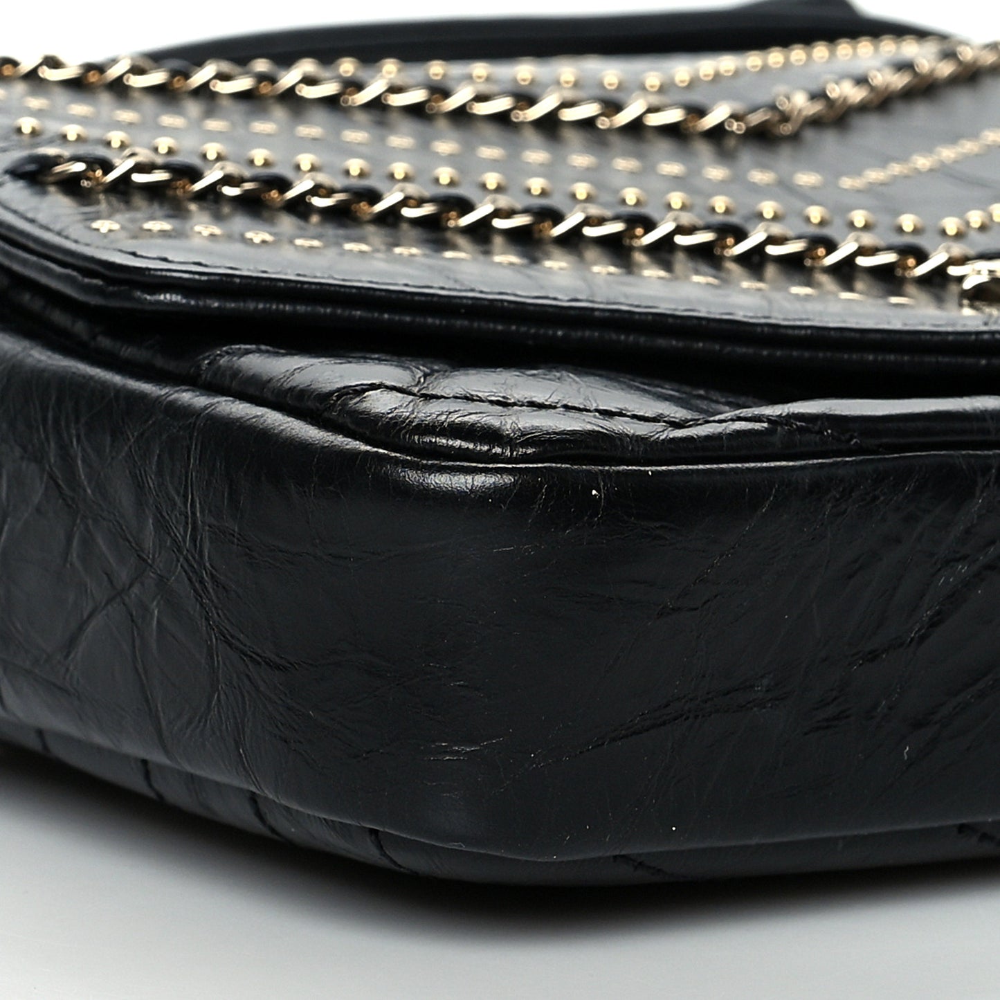 Crumpled Calfskin Chevron Chain Mini Square Flap Black