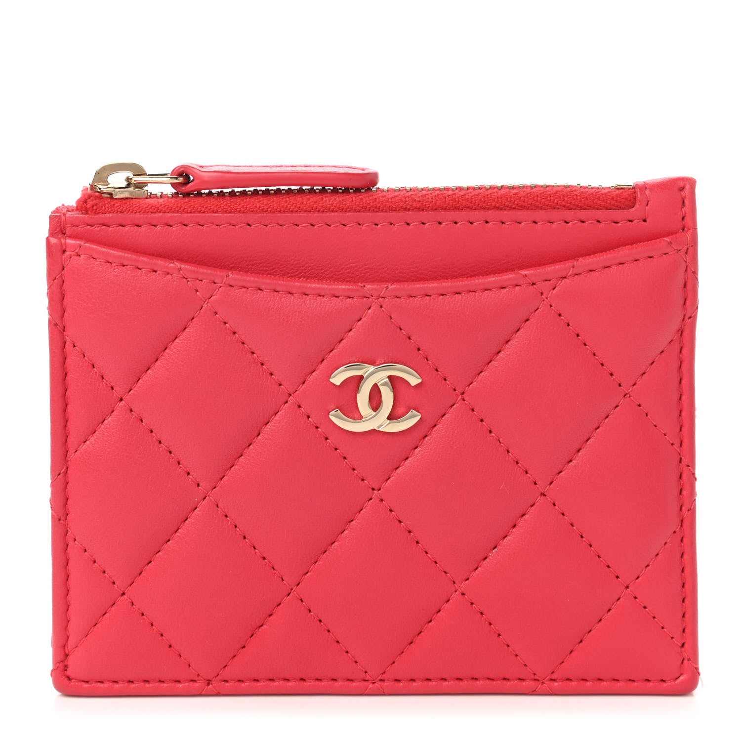 Chanel Lambskin Quilted Zip Card Holder Red 1 of 10
