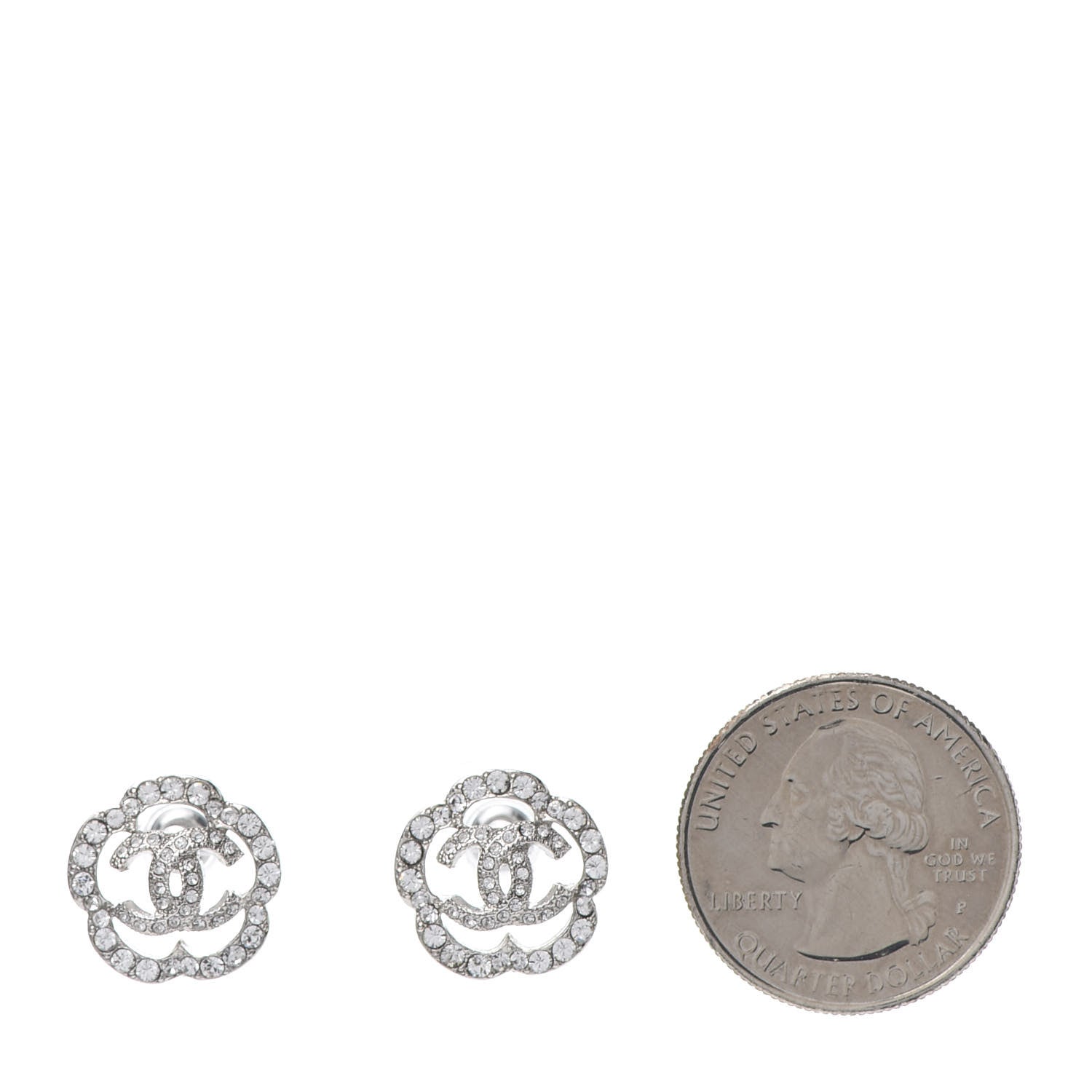 Chanel Crystal Coco Flapper Camellia CC Stud Earrings Silver 2 of 5