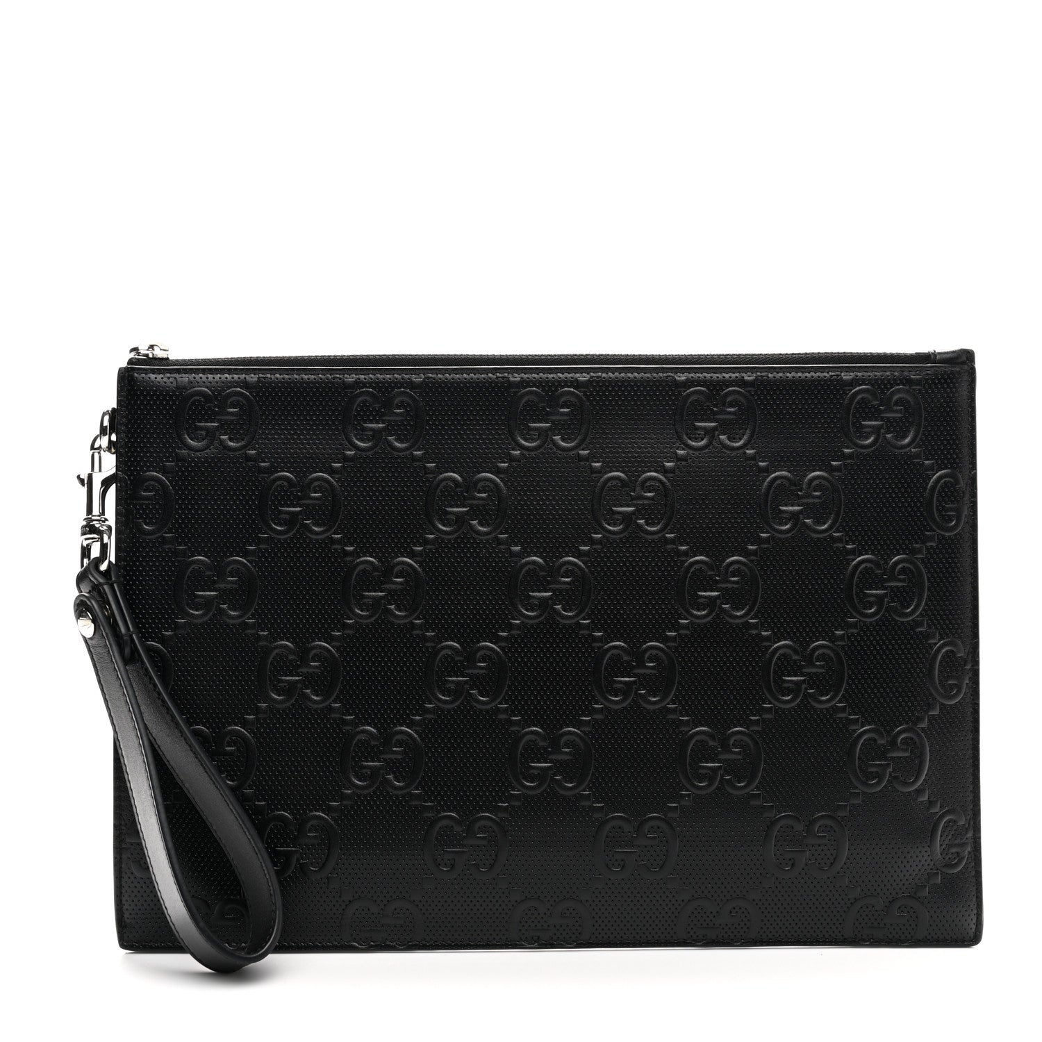 Gucci Calfskin GG Tennis Embossed Wristlet Pouch Black 1 of 9
