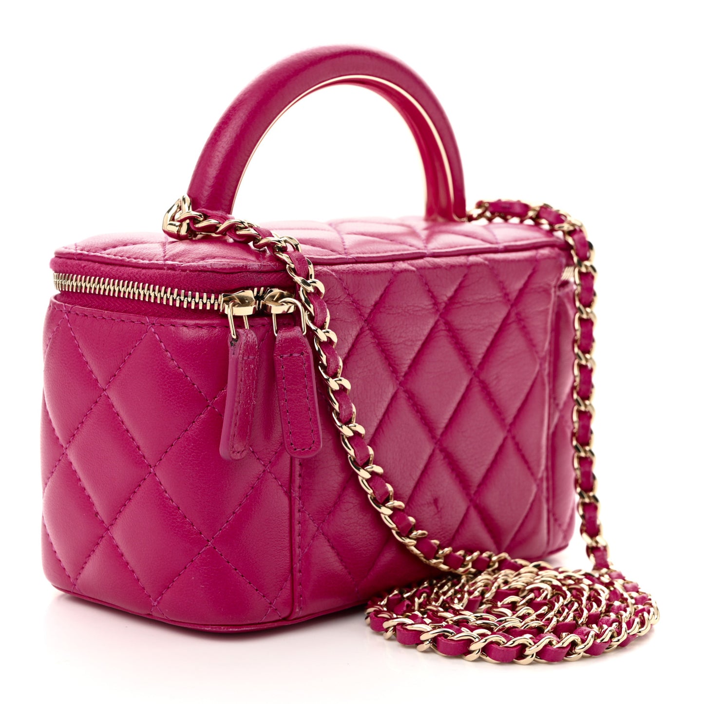 Lambskin Quilted Small Charming Top Handle Vanity Case With Chain Dark Pink