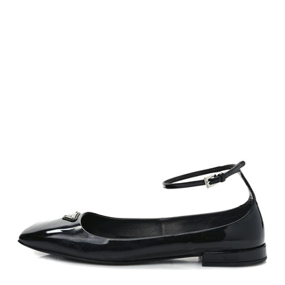 Prada Patent Calfskin Triangle Ankle Strap Ballerinas 40 Black 1 of 8