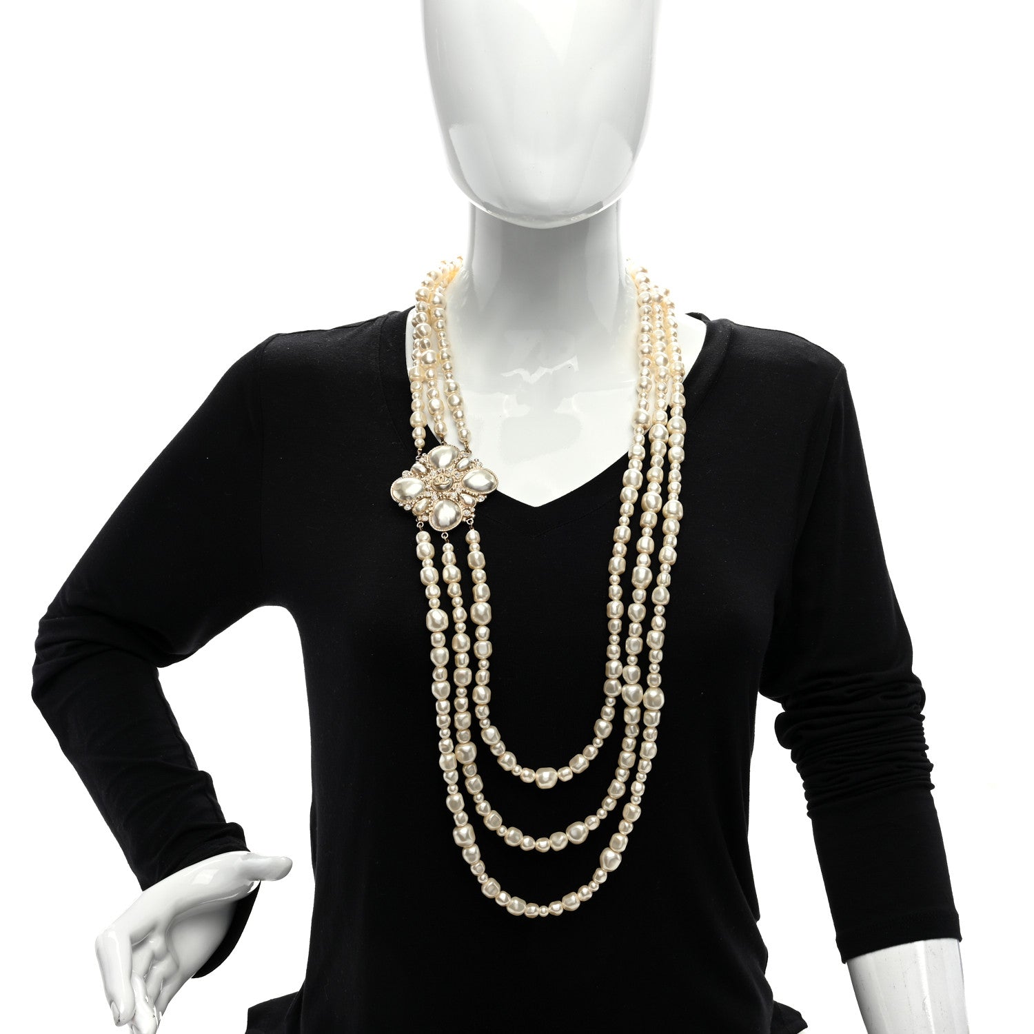 Chanel Graduated Pearl Crystal CC Multi Strand Necklace Gold 2 of 4