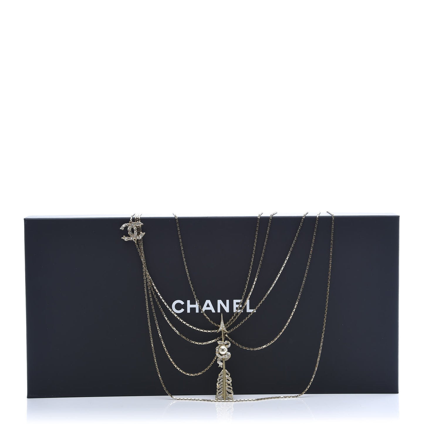 Crystal Pearl Multi Strand Chain CC Arrow Necklace Gold