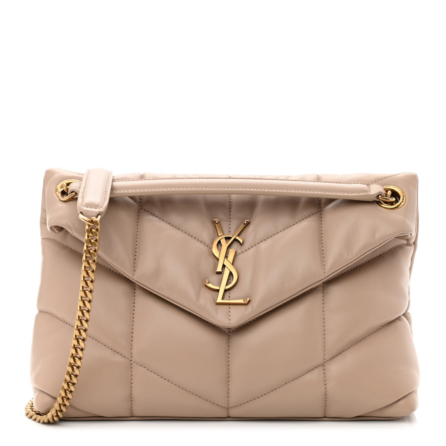 Saint Laurent Lambskin Quilted Small Loulou Puffer Monogram Chain Satchel Dark Beige 1 of 10