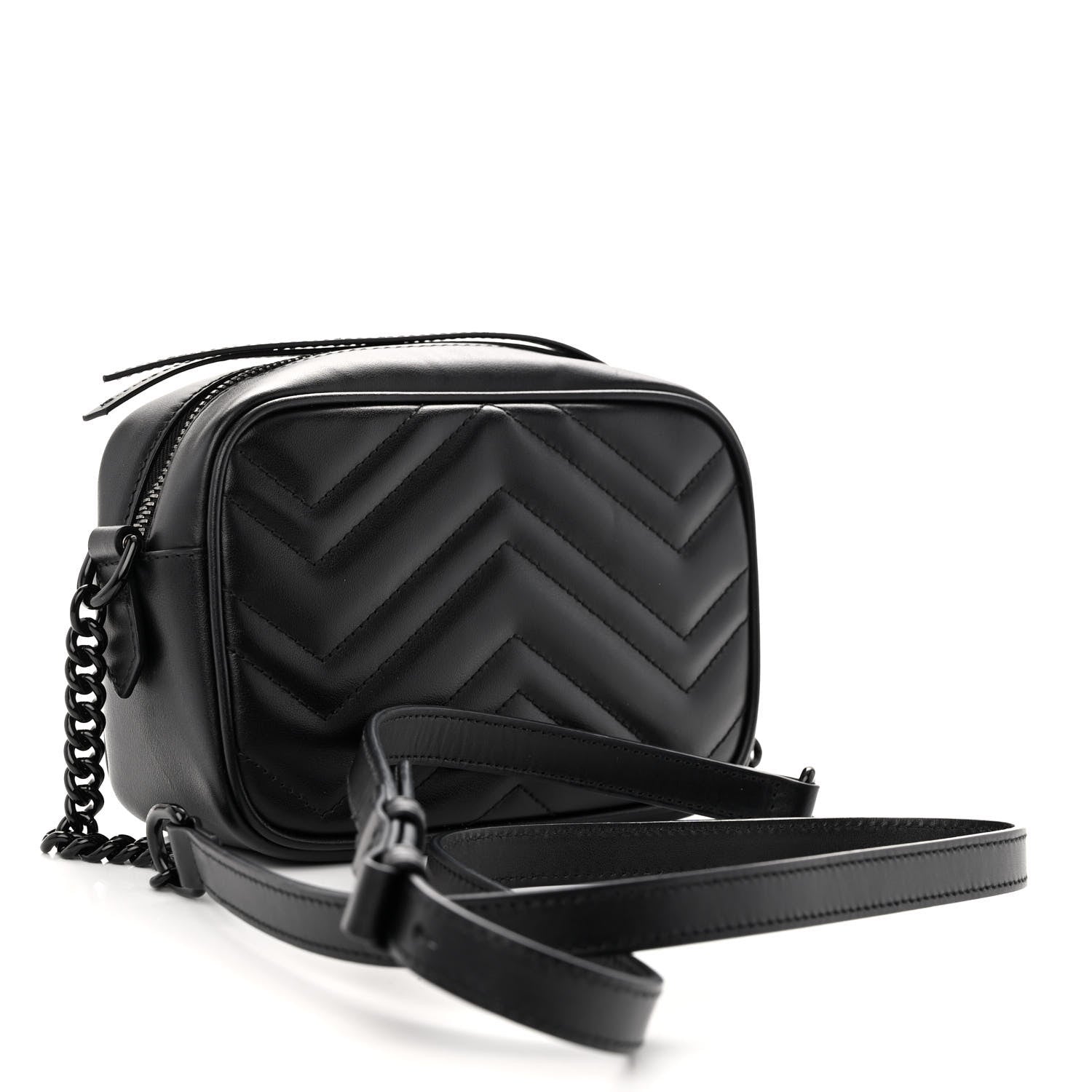 Gucci Calfskin Matelasse Monochrome Mini GG Marmont Chain Shoulder Bag Black 3 of 9