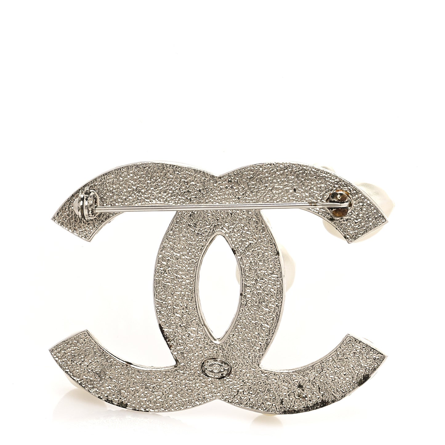 Pearl Crystal CC Mini Brooch Silver