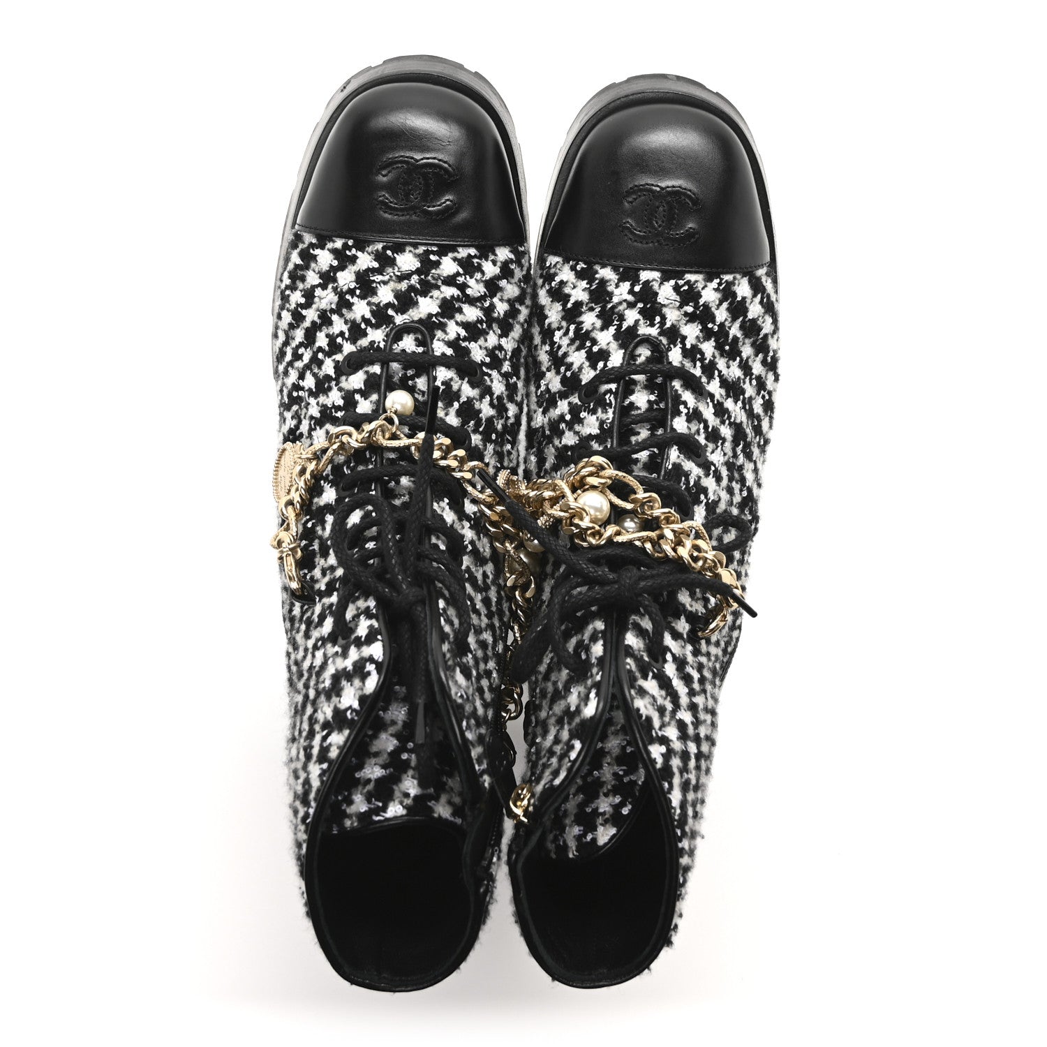 Chanel Wool Tweed Calfskin Chain Lace Up Combat Boots 40 Black White 2 of 11