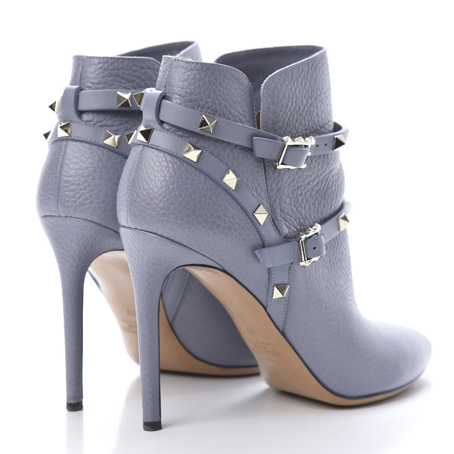 Grained Calfskin Rockstud Double Buckle 100mm Ankle Boots 39 Light Stone