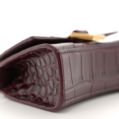 Balenciaga Shiny Calfskin Crocodile Embossed Hourglass Top Handle Bag Mini with Chain Dark Red 9 of 12