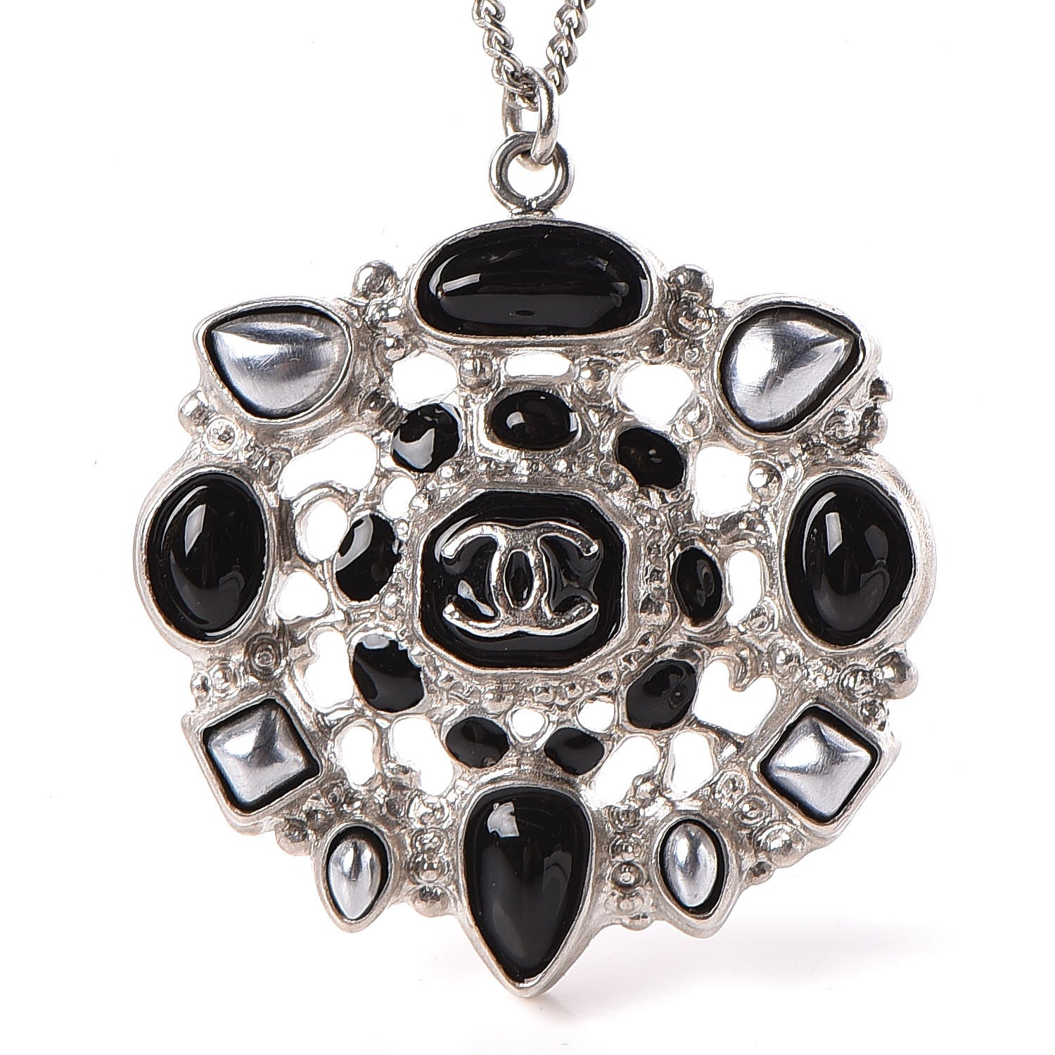 Chanel Gripoix Poured Glass CC Pendant Necklace Black Silver 5 of 5