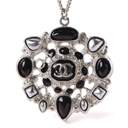 Chanel Gripoix Poured Glass CC Pendant Necklace Black Silver 5 of 5