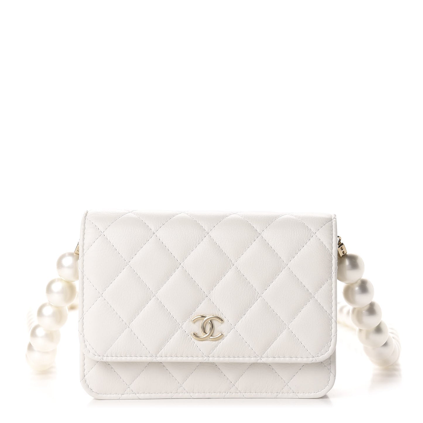 Calfskin Quilted CC Pearl Mini Wallet On Chain Flap White