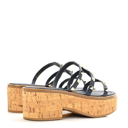 Valentino Garavani Calfskin Cork Rockstud Caged 30/50mm Platform Sandals 37.5 Marine 3 of 7