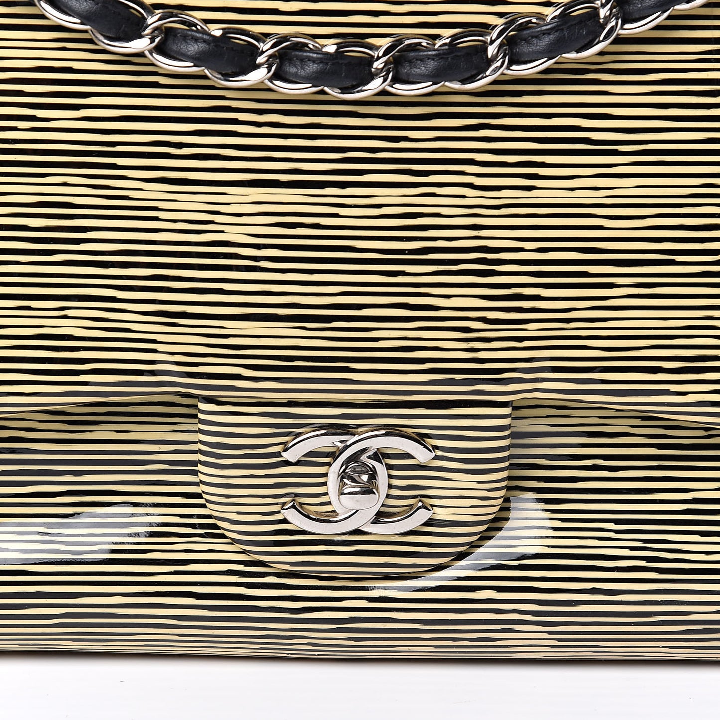 Patent Calfskin Striped Jumbo Double Flap Yellow Black