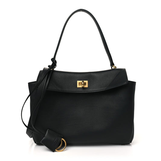 Natural Smooth Calfskin Small Rodeo Top Handle Handbag Black