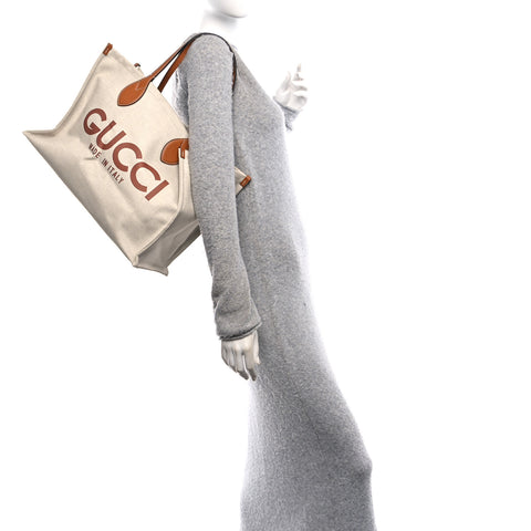 Canvas Calfskin Logo Print Large Tote Bag Brown