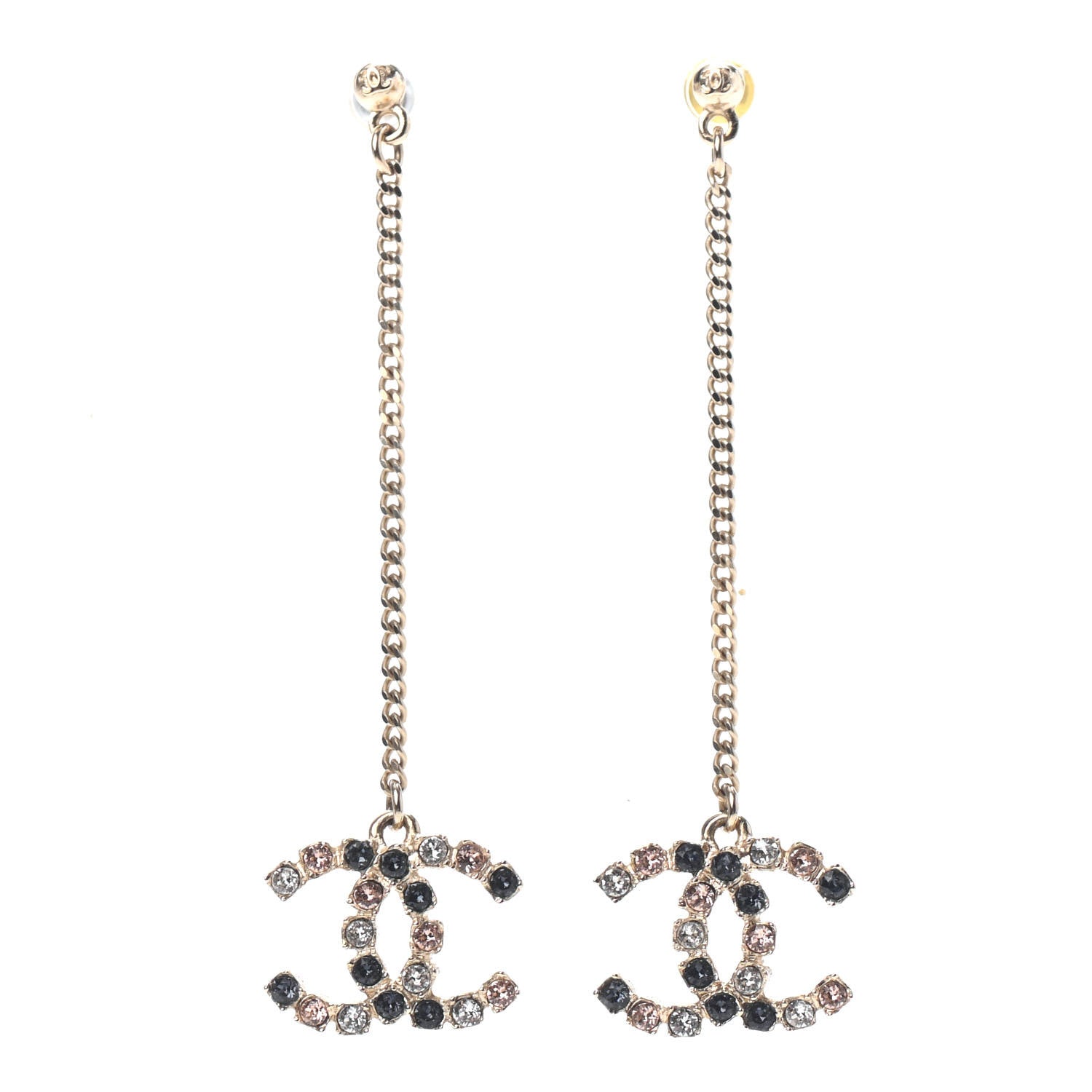 Chanel Crystal CC Drop Earrings Pink Grey Gold 1 of 4