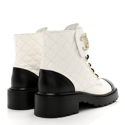 Chanel Shiny Goatskin Calfskin Quilted Lace Up Combat Boots 39 White Black 4 of 10