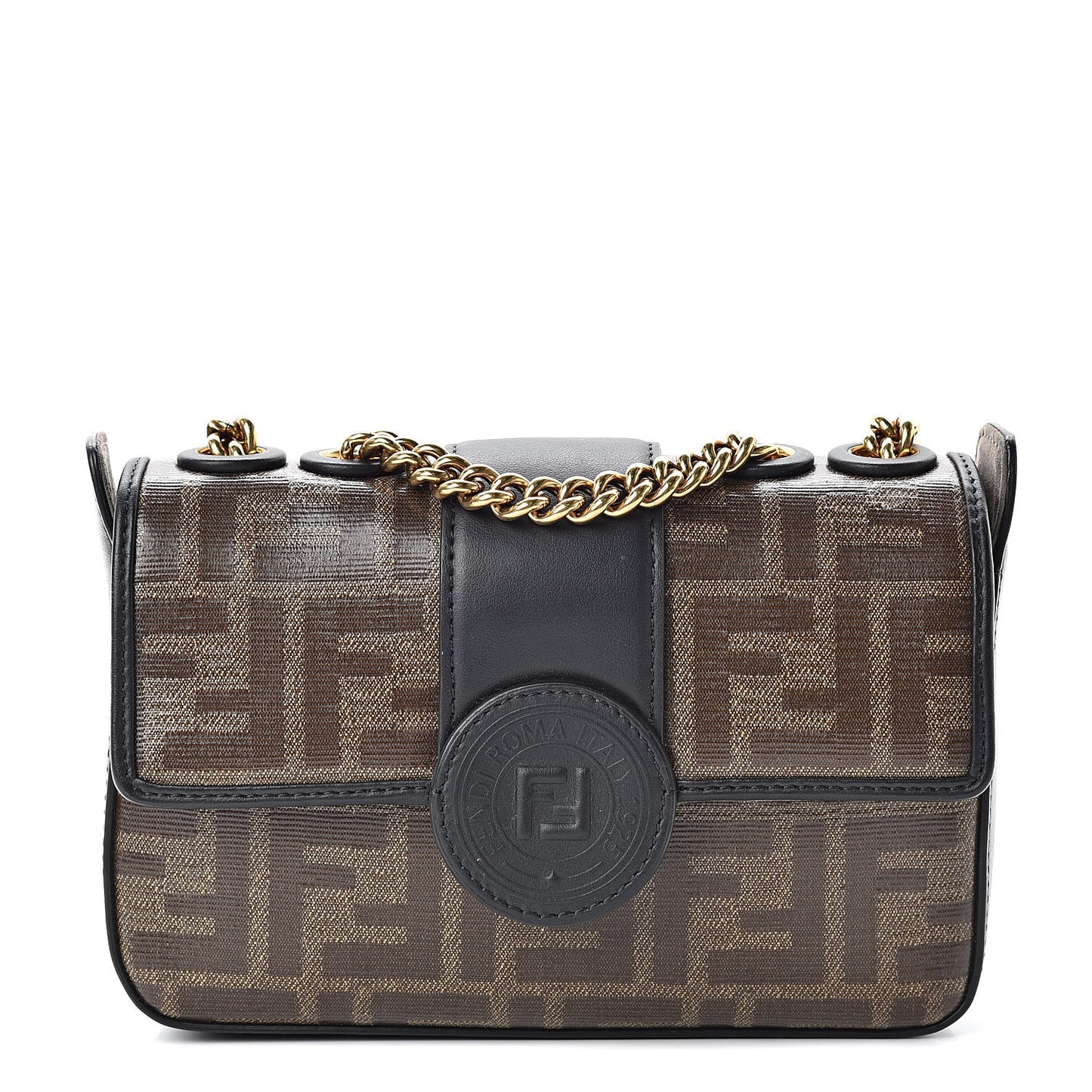 Glazed Fabric Vitello Century FF 1974 Stamp Patch Mini Double F Crossbody Bag Mogano Panna Black