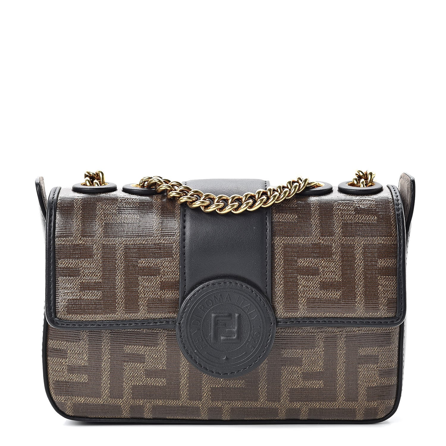 Fendi Glazed Fabric Vitello Century FF 1974 Stamp Patch Mini Double F Crossbody Bag Mogano Panna Black 1 of 10