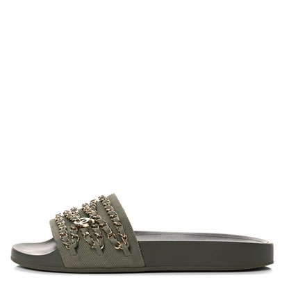 Chanel Canvas Chain Flat Sandals 39 Khaki 1 of 10