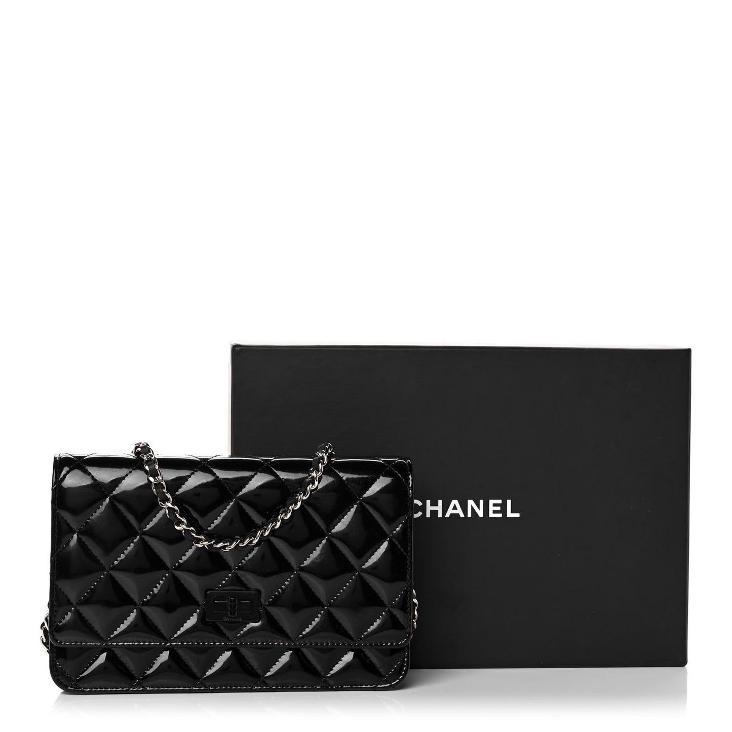 Patent Calfskin Quilted Reissue Wallet On Chain WOC Black
