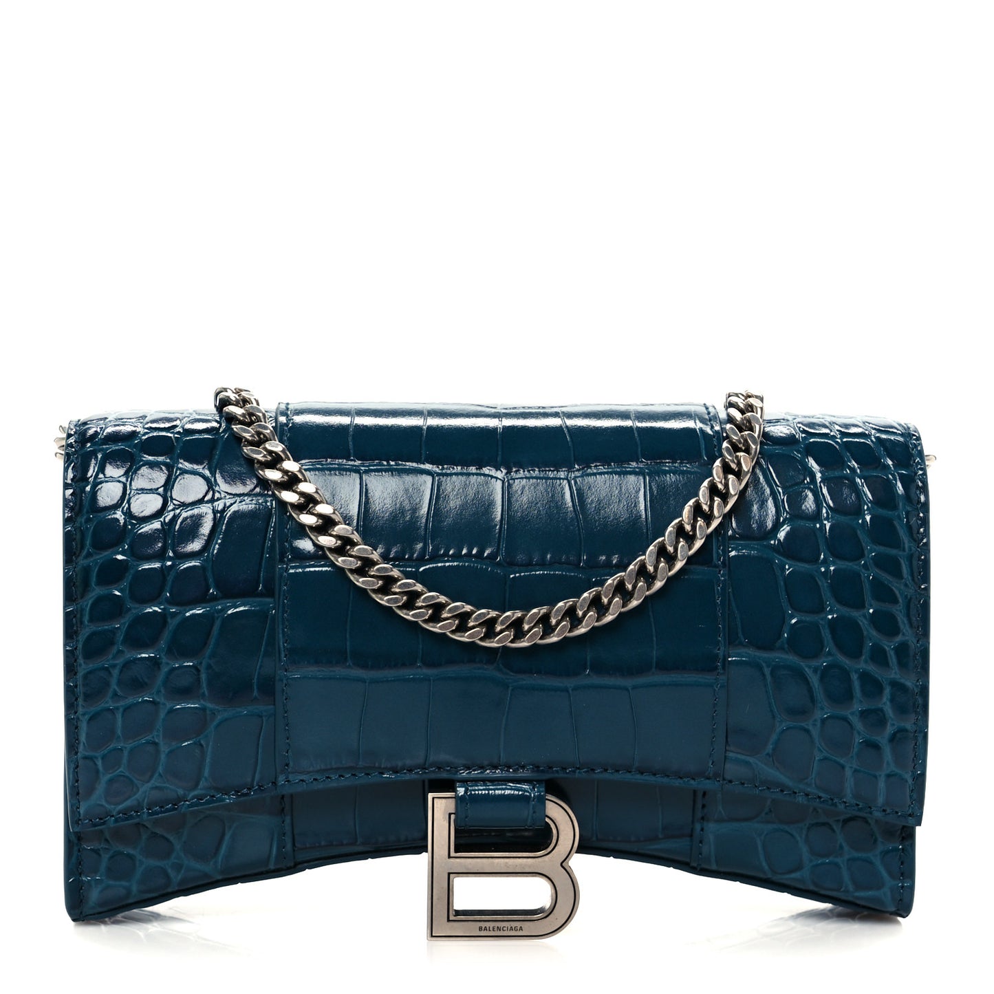 Shiny Calfskin Crocodile Embossed Hourglass Chain Bag Forest Green