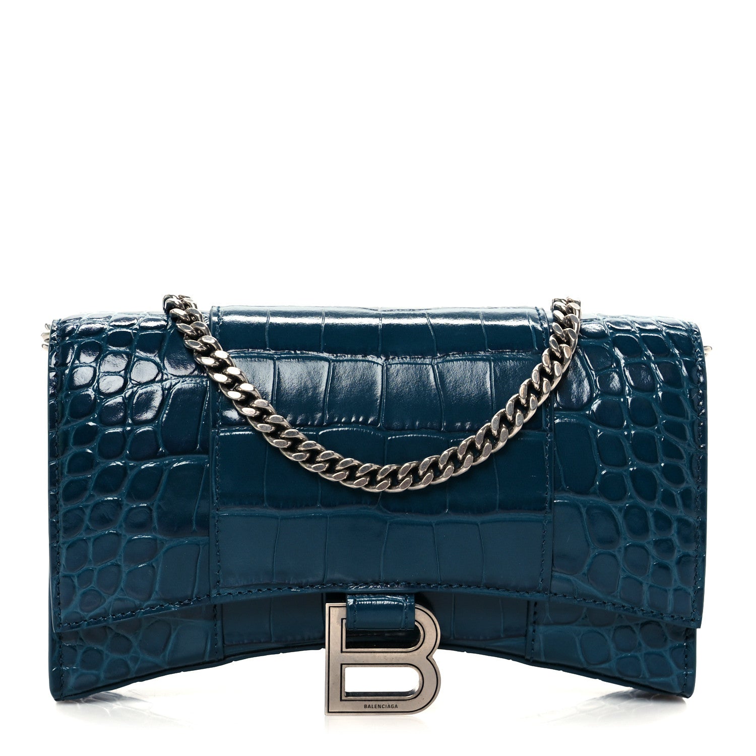 Balenciaga Shiny Calfskin Crocodile Embossed Hourglass Chain Bag Forest Green 1 of 21