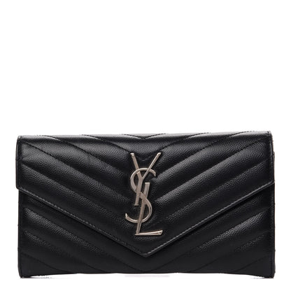 Saint Laurent Grain De Poudre Matelasse Chevron Monogram Flap Wallet Black 1 of 7