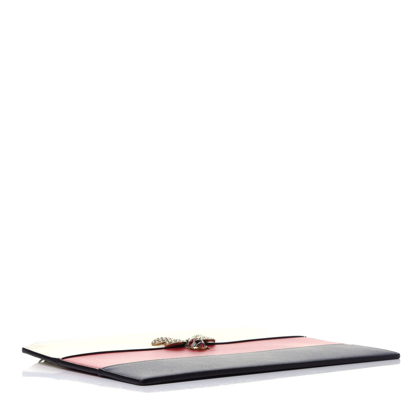 Calfskin Striped Oversized Bee Zip Pouch White Blue Hibiscus Red