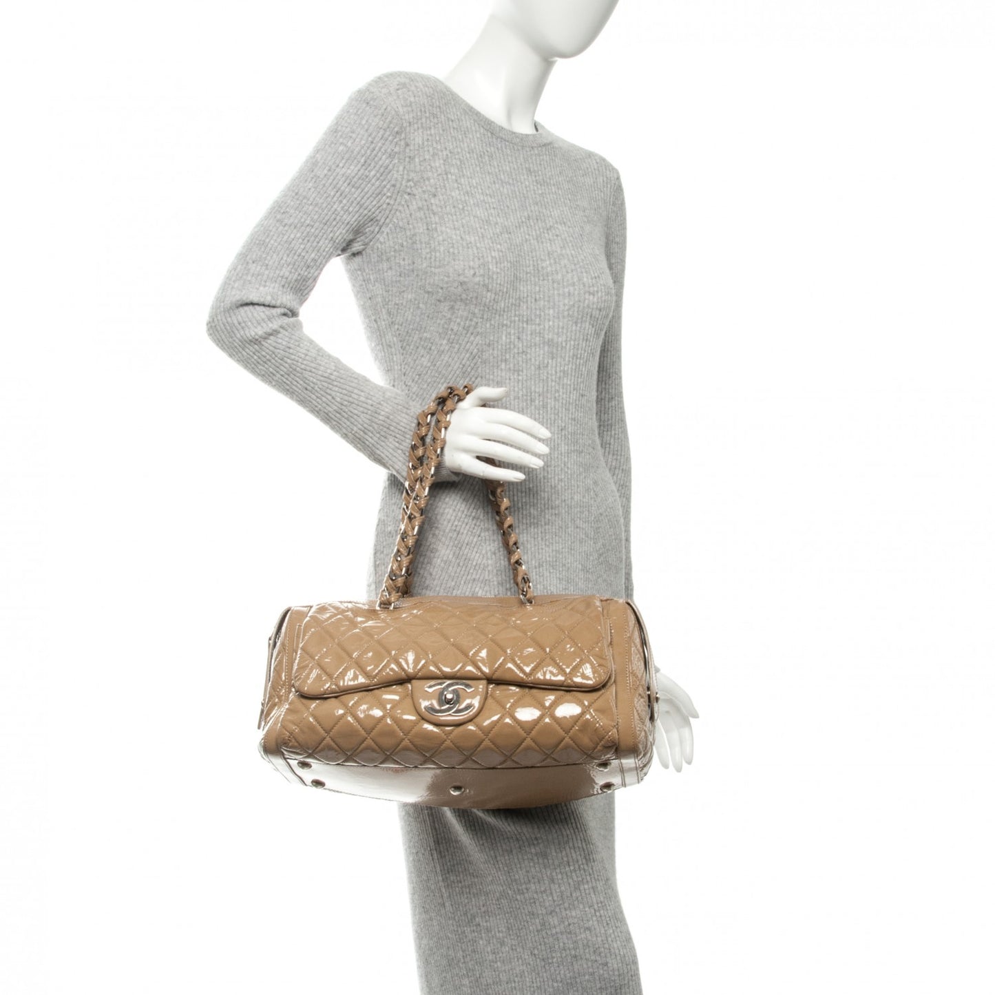 Patent Quilted Day Glo Flap Bag Beige