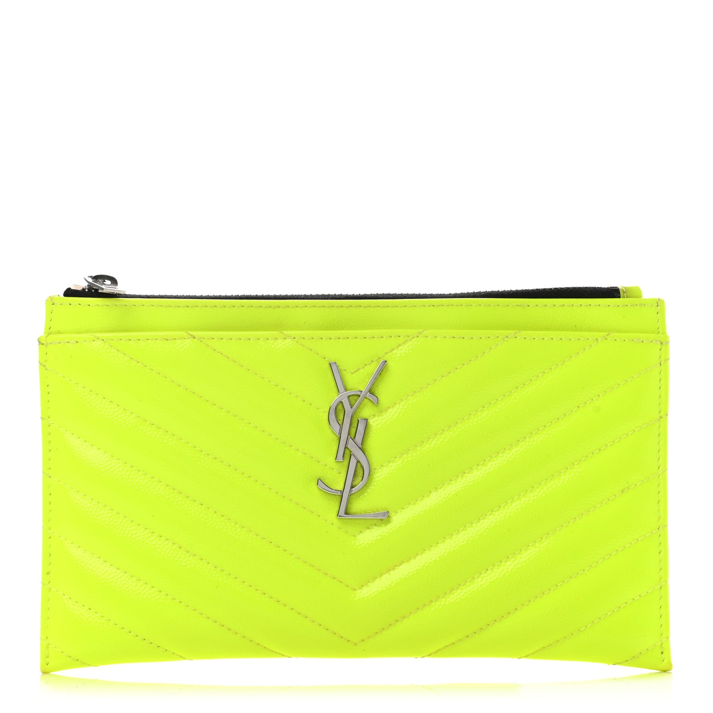 Patent Grain De Poudre Matelasse Chevron Monogram Bill Pouch Neon Yellow