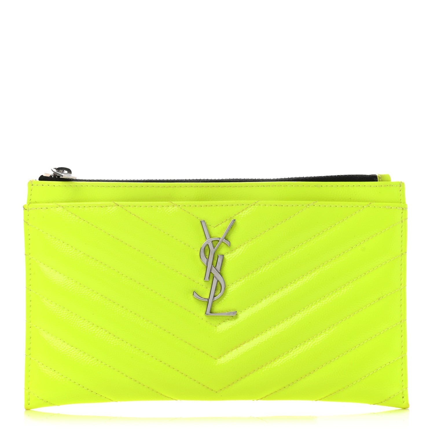 Saint Laurent Patent Grain De Poudre Matelasse Chevron Monogram Bill Pouch Neon Yellow 1 of 14