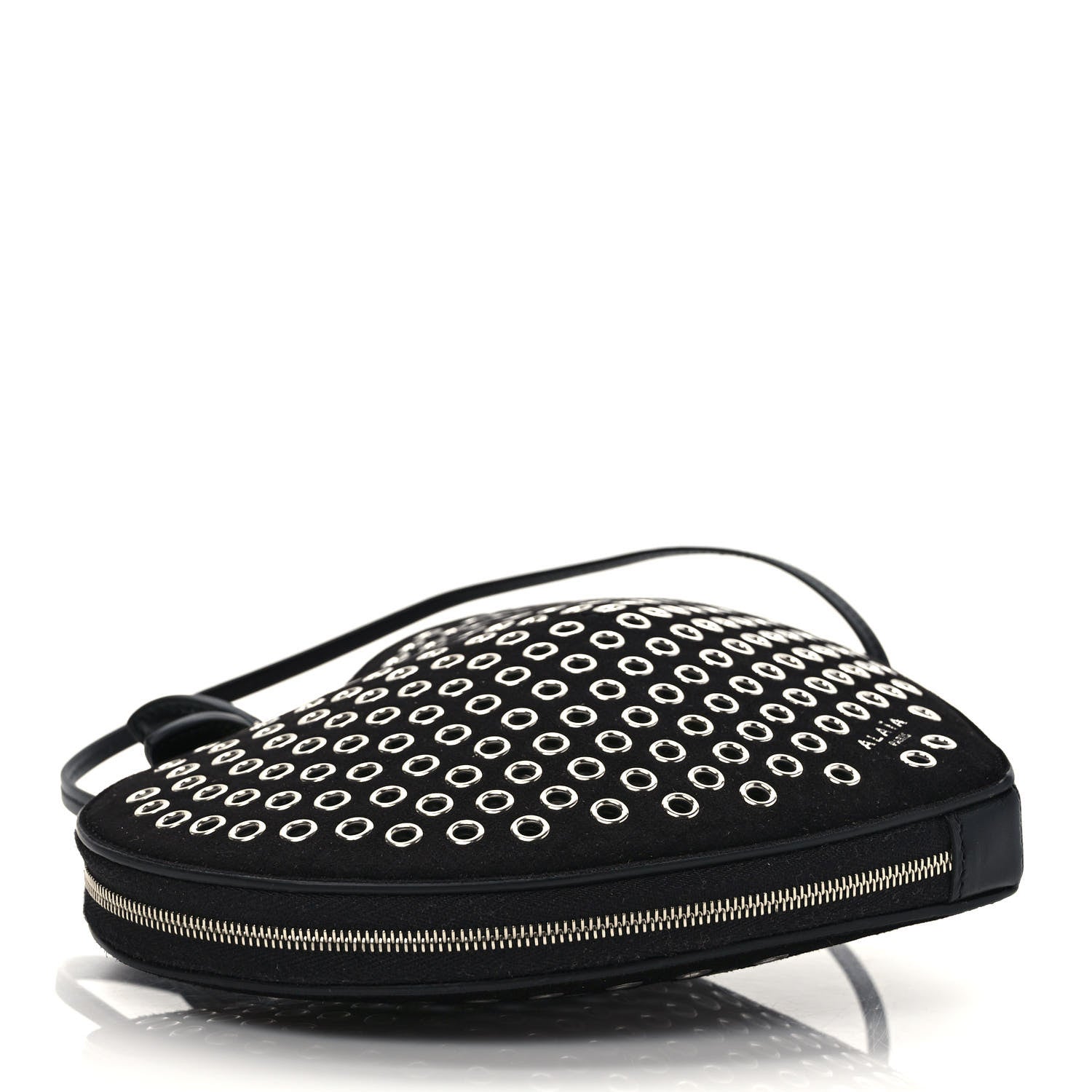 Alaia Suede Goatskin Grommet Studded Heart Shoulder Bag Black 7 of 9
