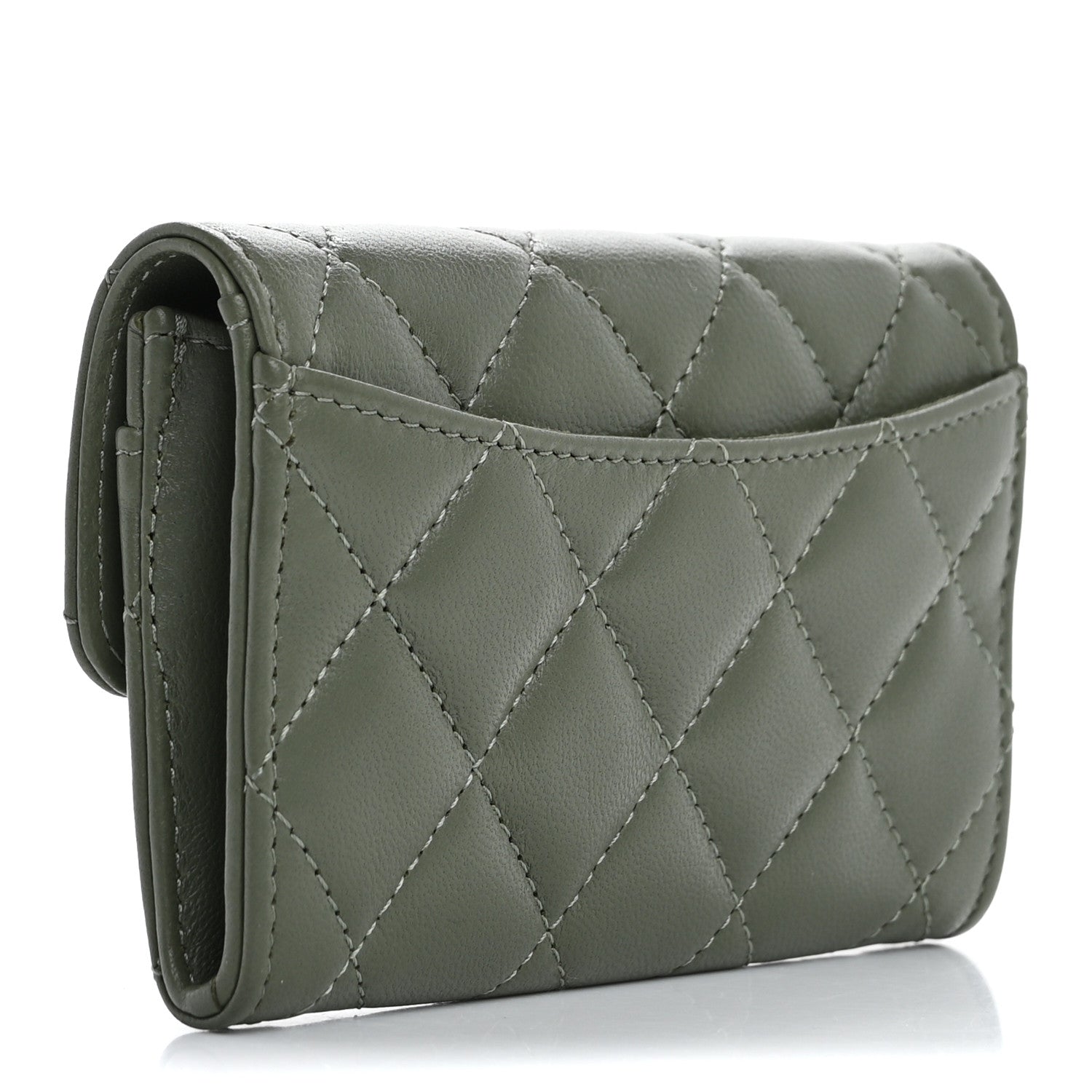 Chanel Lambskin Quilted Flap Card Holder Wallet Khaki 3 of 11